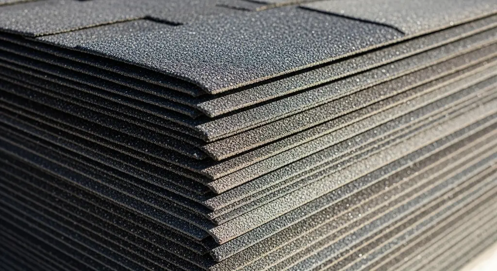Close-up of triple-laminate luxury asphalt shingles showing thickness