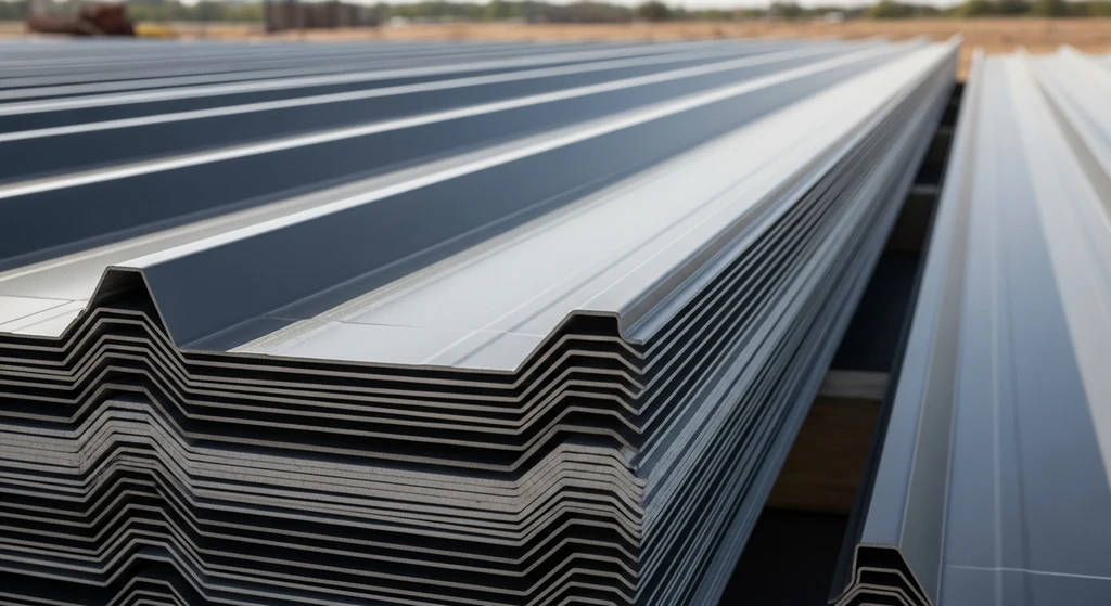 Close-up of standing seam metal roof panels showing rib profile and finish