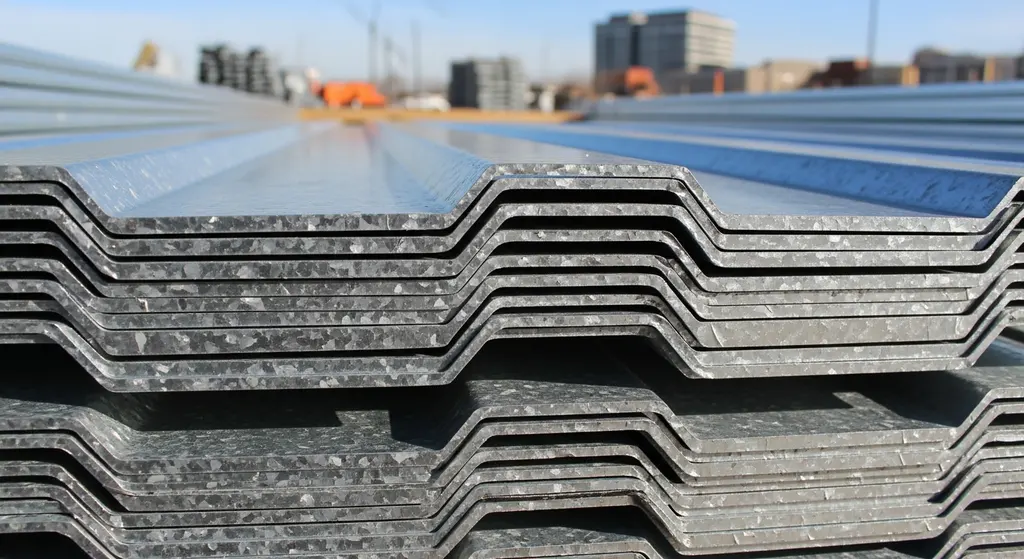Galvanized metal roof decking panels stacked at a job site