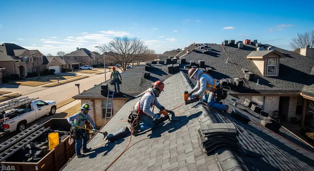 How to Determine Roof Age — Signs & Methods 5 Roofing crew installing new shingles in Dallas