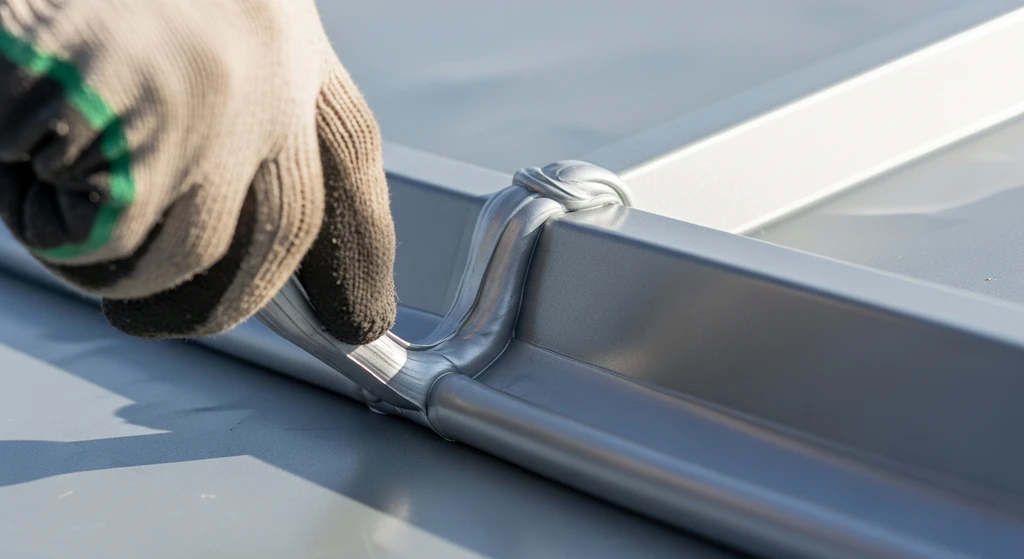 Metal Roof Sealant — How to Choose & Apply It 2 Close-up of silicone sealant application on a metal roof seam