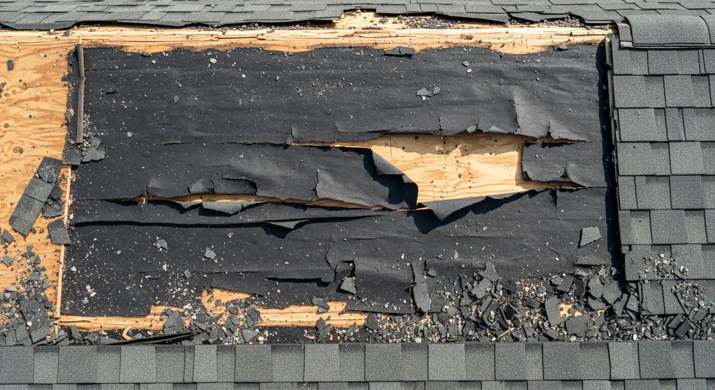 Damaged felt underlayment exposing the wood decking beneath.