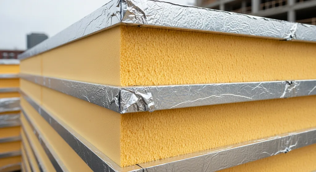 Roof Insulation Guide — Types, R-Values & Costs 2 Close-up of polyisocyanurate insulation boards with silver facer