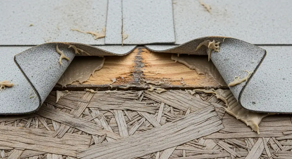 Failed roof decking seam tape showing buckling