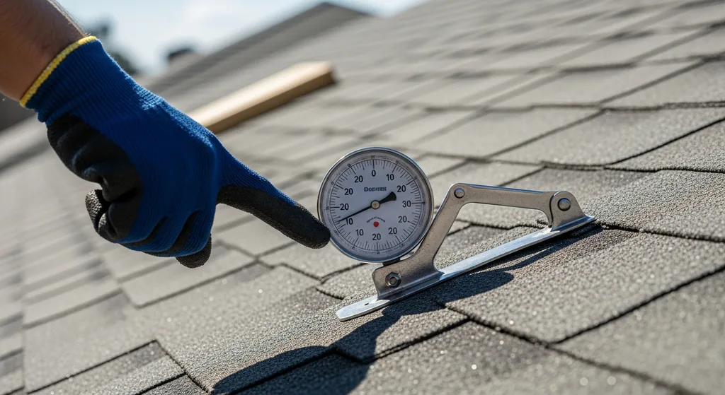 Roofing contractor using pitch gauge on residential roof