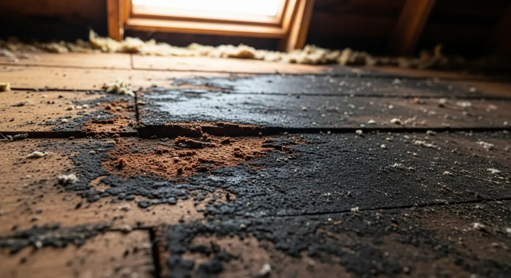 Water damaged roof decking with dark stains and mold growth in a residential attic.