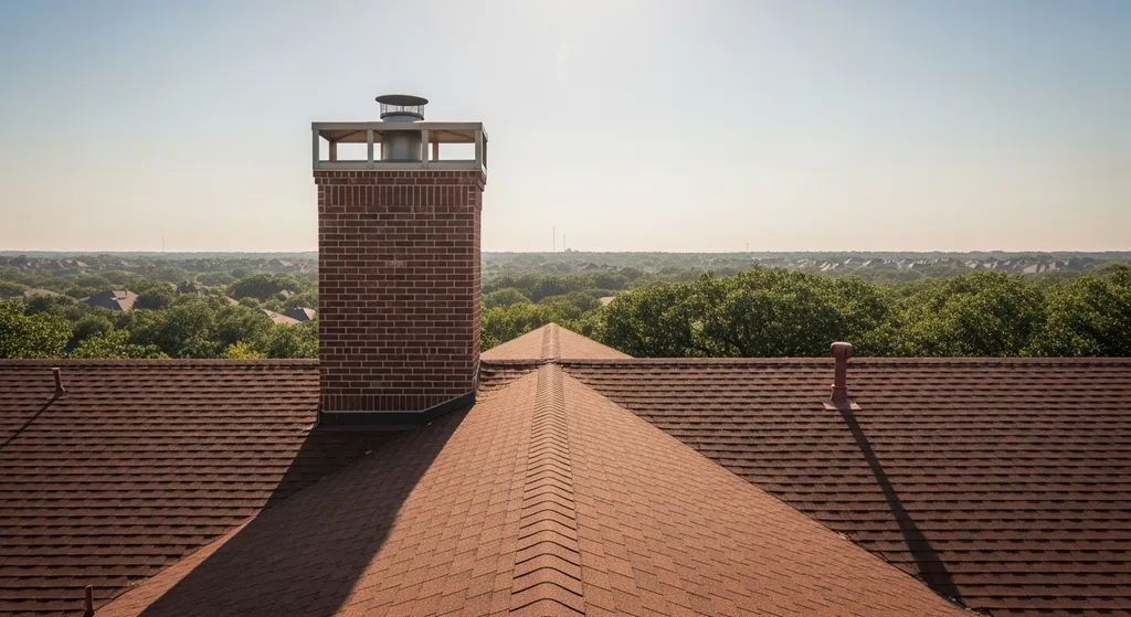 Residential roof in Dallas showing chimney transitions