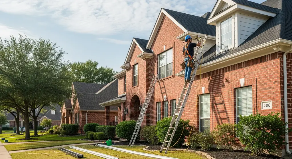 Roofer installing gutter guards on a Dallas home