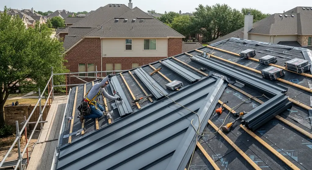 Roofer installing metal panels on a residential home