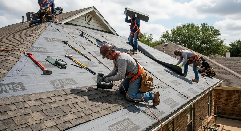 Roofing crew installing laminate shingles in Dallas
