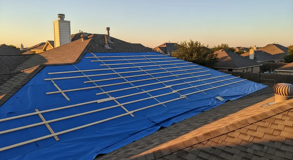 Professional roof tarping on a Katy TX home after storm damage
