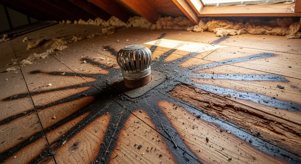 Water damaged roof decking in attic