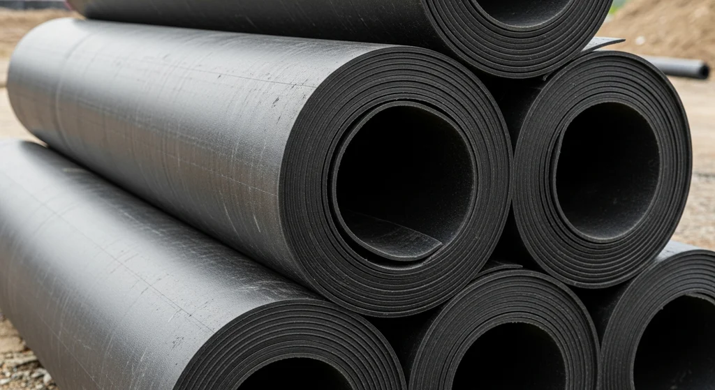 Close-up of EPDM rubber roofing membrane rolls