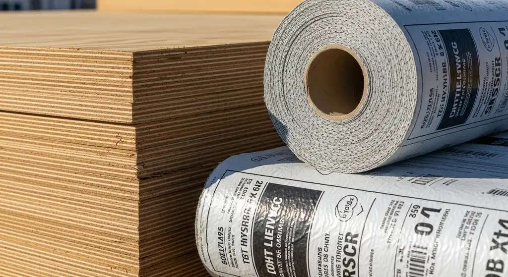 Roofing materials including CDX plywood and synthetic underlayment