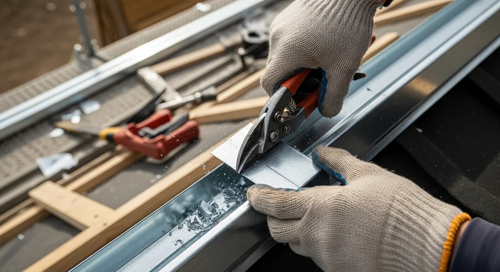 Roofer cutting metal roof trim with snips
