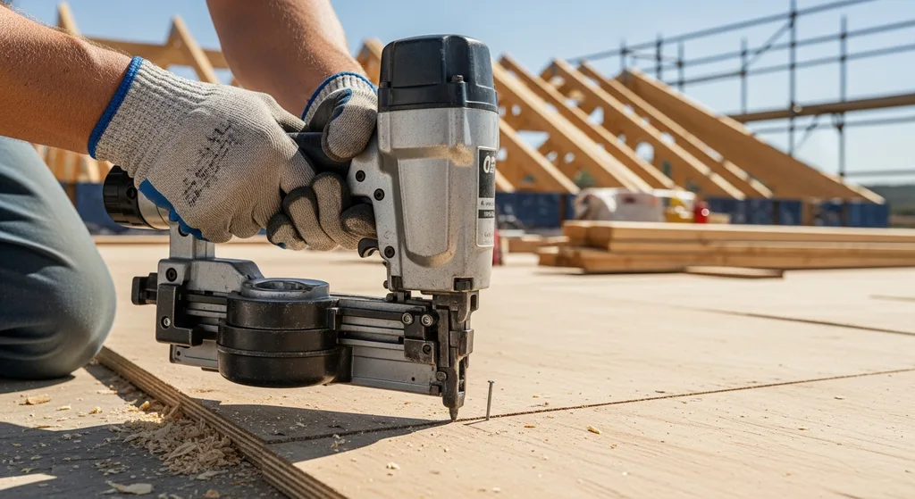 Close-up of roofer using nail gun on plywood decking