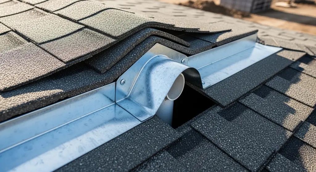 Close-up of roof penetration flashing integrated with asphalt shingles