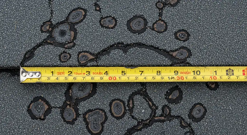 Hail damage bruising on asphalt shingles in Fort Bend County