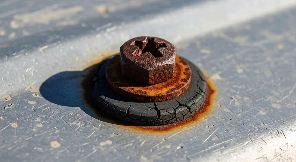 Failed metal roof fastener with cracked washer