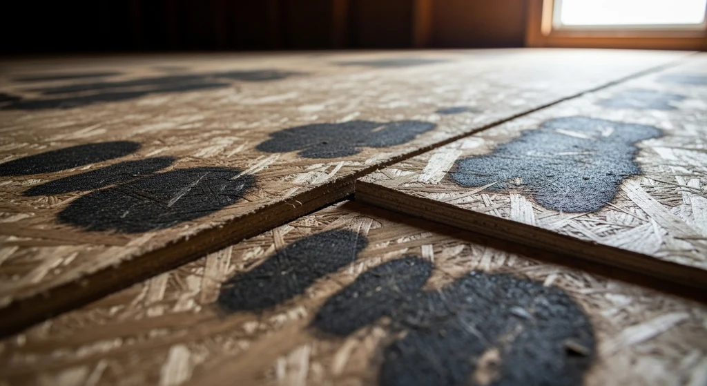 Water damaged OSB roof decking with visible swelling and stains