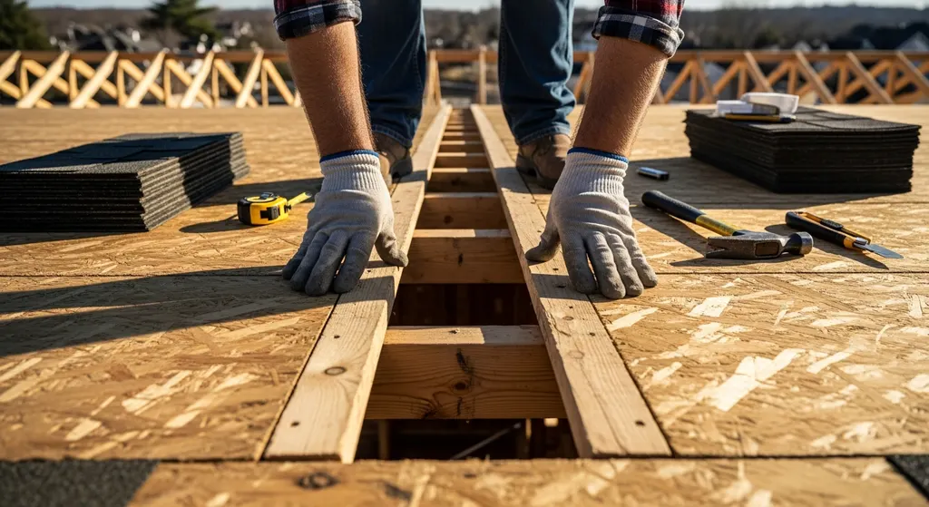 Roofer inspecting wide gap in roof deck