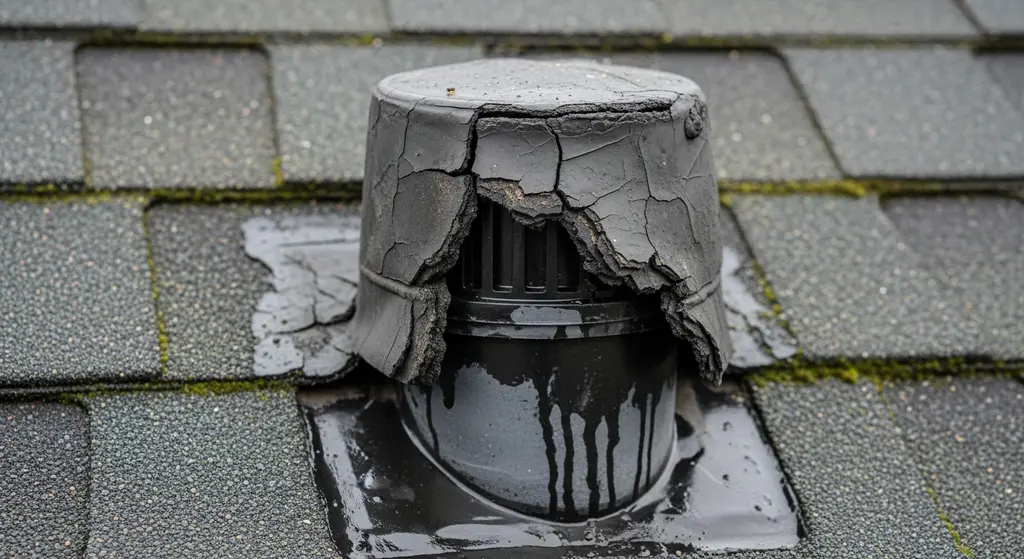 Cracked rubber roof boot on shingles