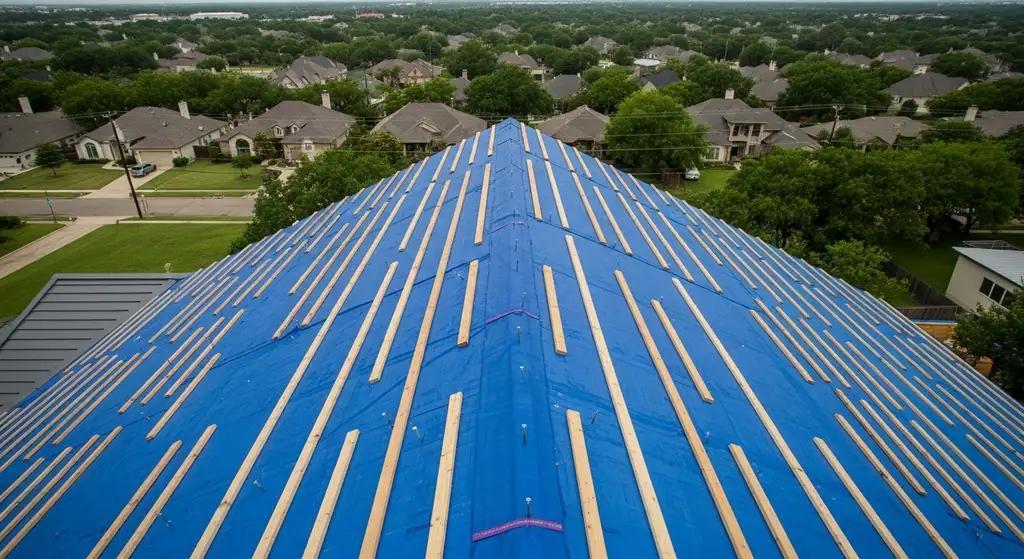 Temporary tarp installation on a metal roof