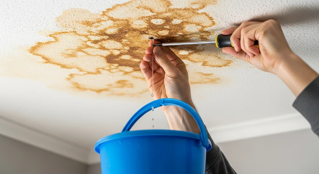 How to Remove Water Stains From Ceiling — Step by Step 4 Poking a relief hole in a leaking ceiling