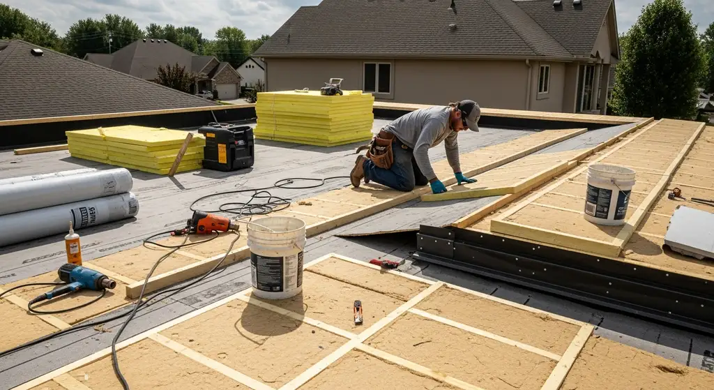 Roofer installing a flat roof deck system