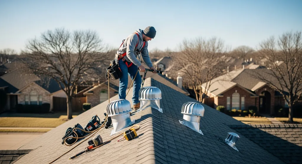 Roofer installing ventilation in Dallas