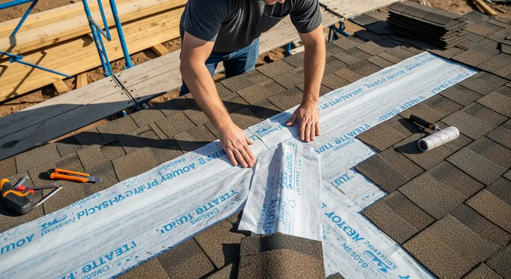 Roofer installing ice and water shield in a residential roof valley