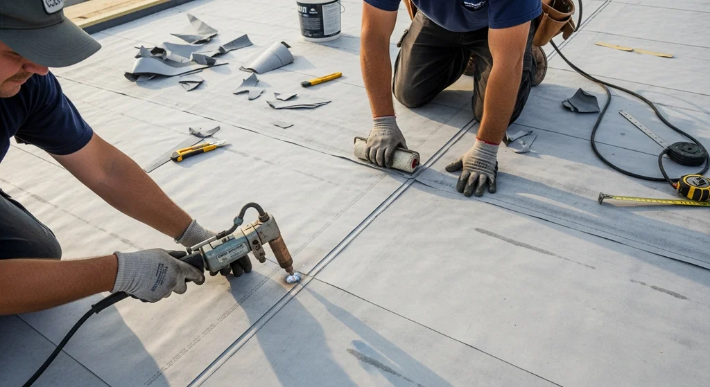 Roofer heat-welding TPO membrane on a flat roof deck