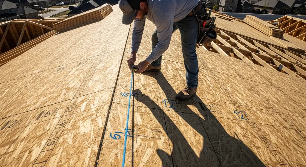 Roofer marking fastener patterns on OSB decking