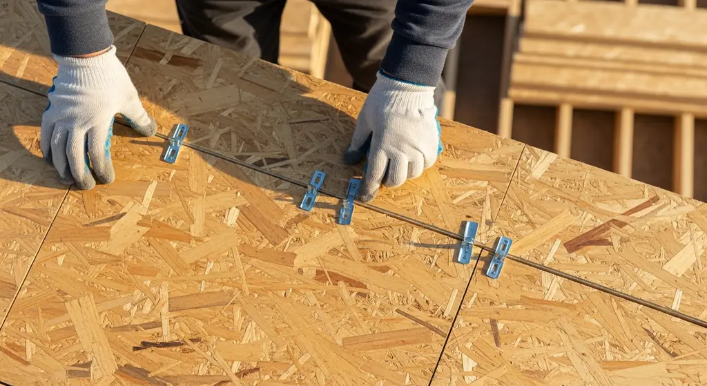 Roofer installing metal H-clips between sheets of roof decking for code compliance.