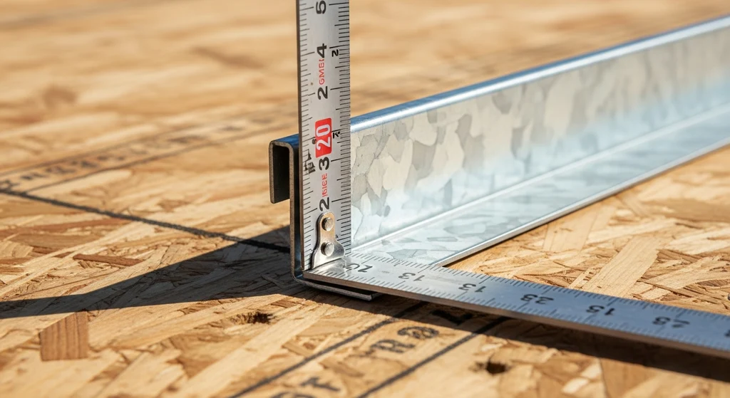 Close-up of drip edge measurement on roof deck