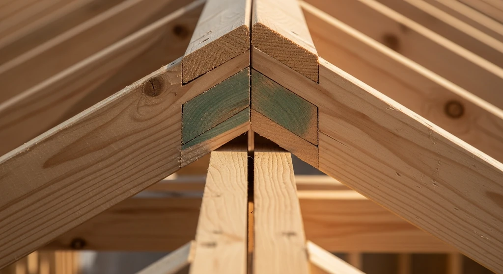 Cross-section of a roof ridge showing structural components and vent gap
