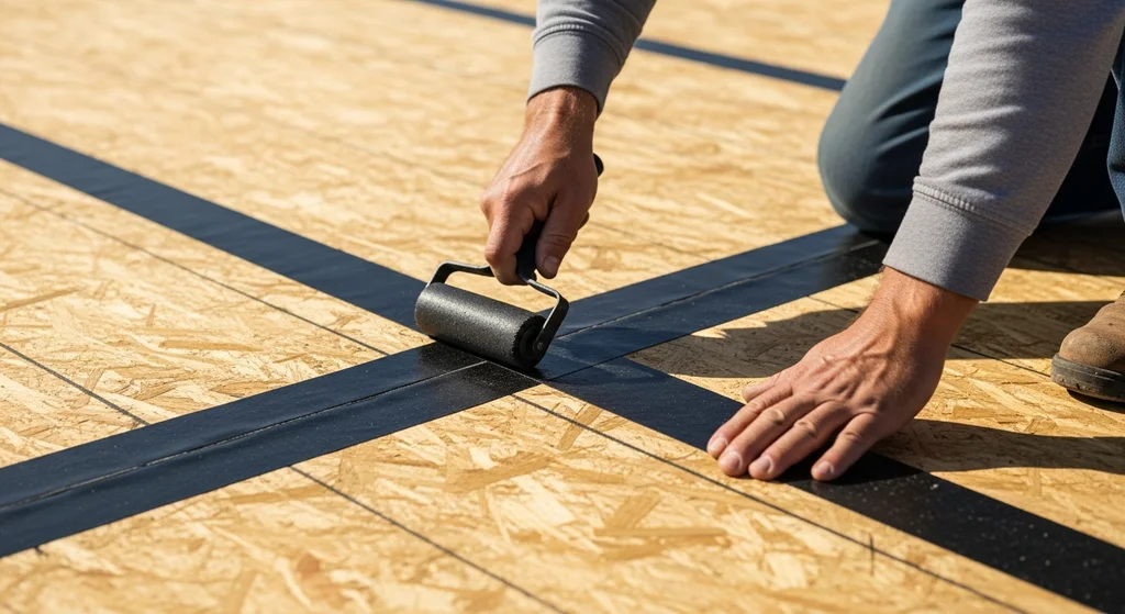 Roofer applying seam tape to OSB roof decking