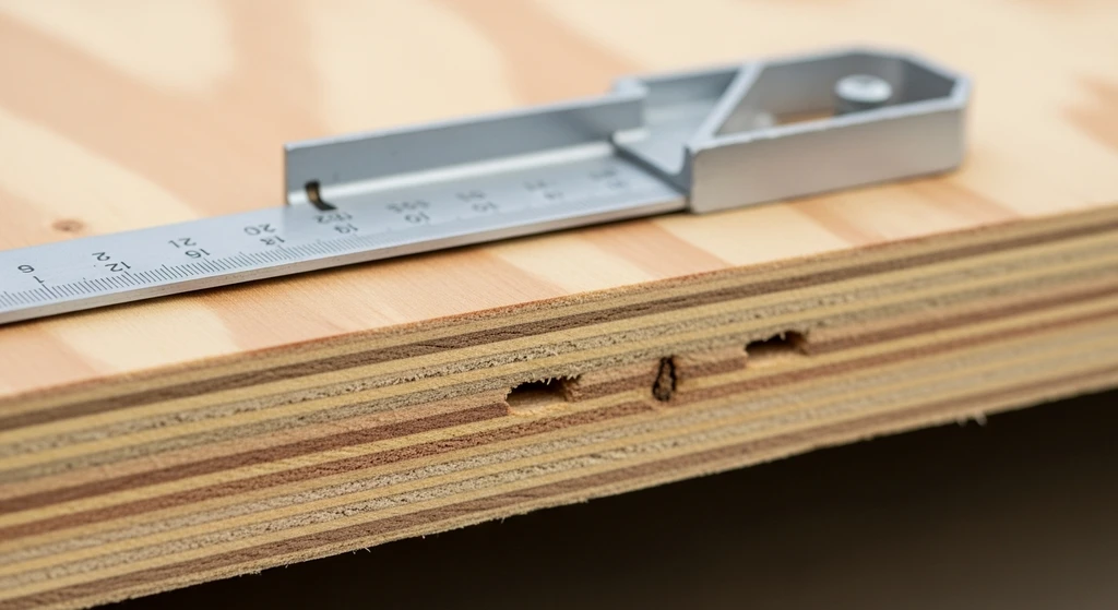 Close-up of CDX plywood roof decking thickness measurement