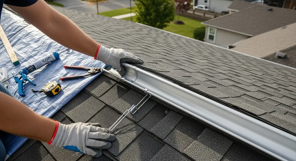 Professional installation of seamless aluminum gutters on a Dallas home