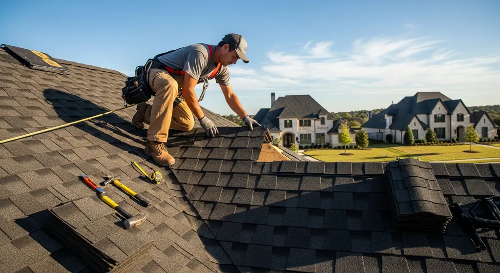 Roofer installing premium shingles on a Dallas residence
