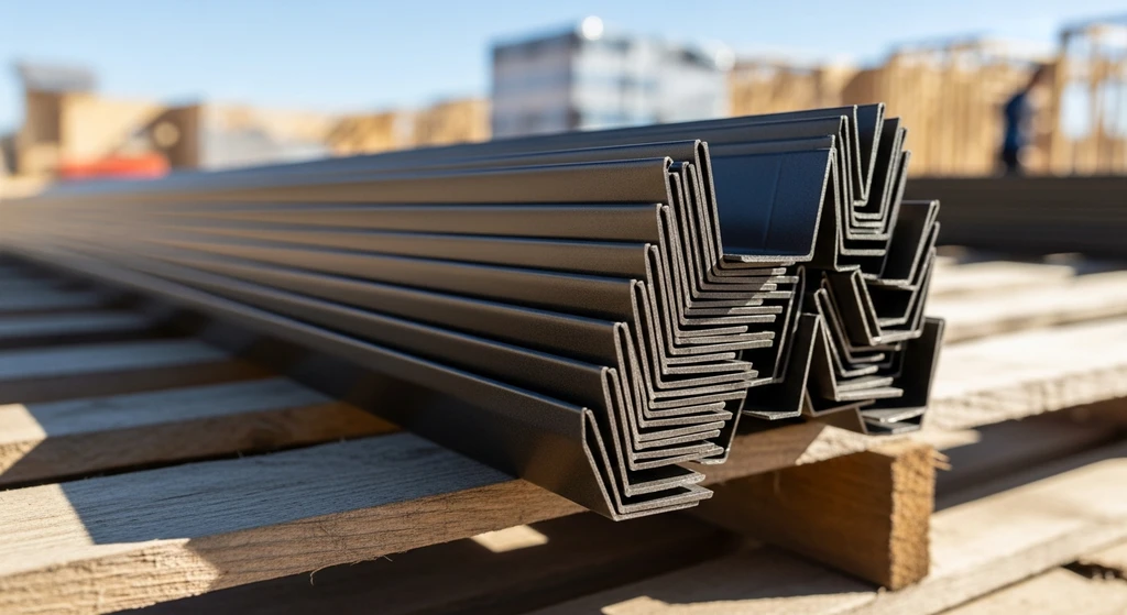 Stack of T-style drip edge flashing on a construction site