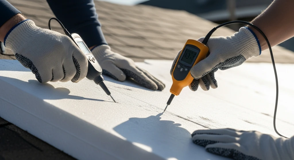 Roof Insulation Guide — Types, R-Values & Costs 5 Moisture testing on roof insulation panel