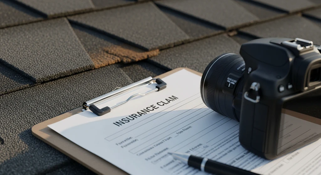Insurance documentation tools on a damaged roof