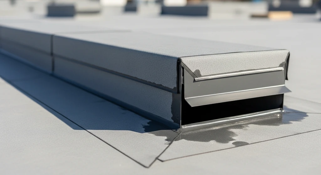 Close-up of a flat roof deck drainage scupper with professional flashing