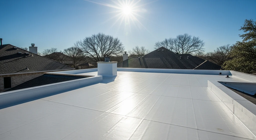 White TPO flat roof deck in the Dallas sun