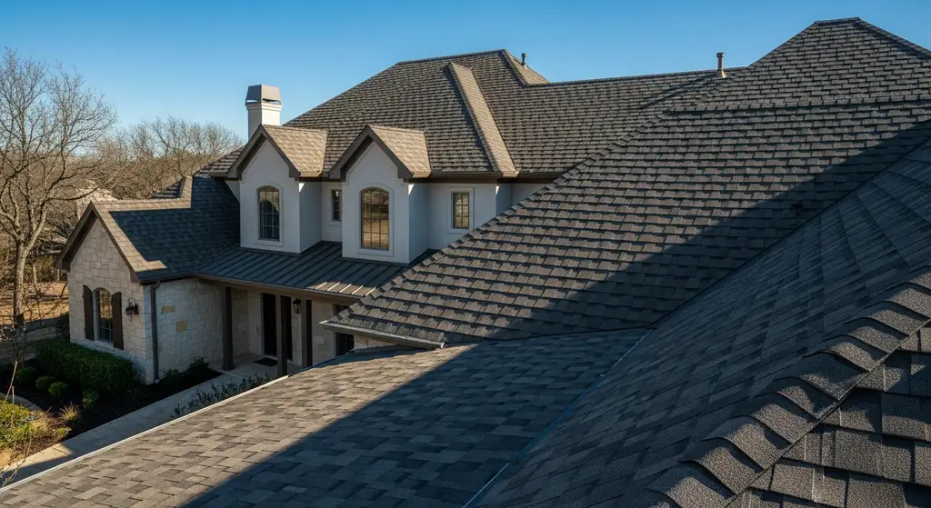 Presidential Roofing Shingles — Performance Guide 3 Luxury residential home in Dallas with thick-shake asphalt shingles