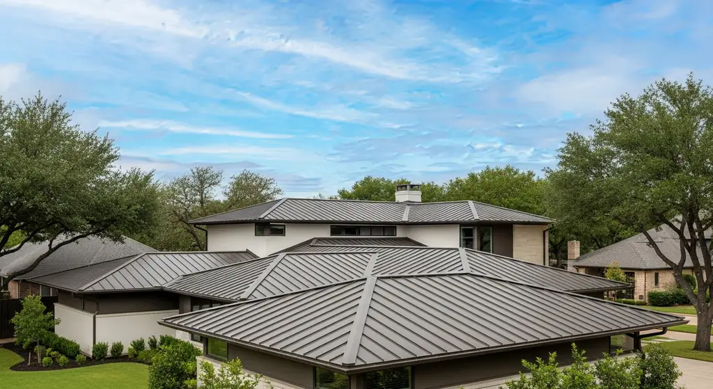 Modern Dallas home with a dark bronze standing seam metal roof