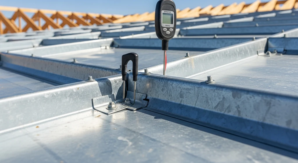 Metal roof decking installation showing proper fastening for wind resistance