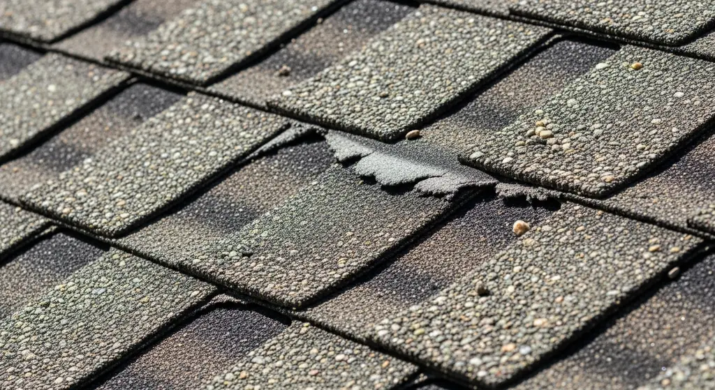 How to Determine Roof Age — Signs & Methods 2 Close-up of aged asphalt shingles with granule loss