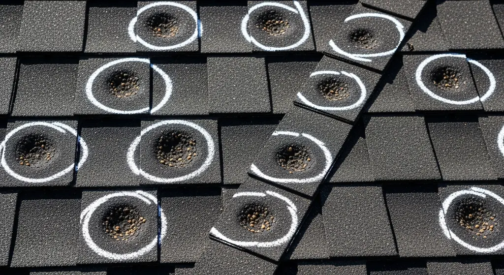 Close-up of hail damage bruises on asphalt shingles